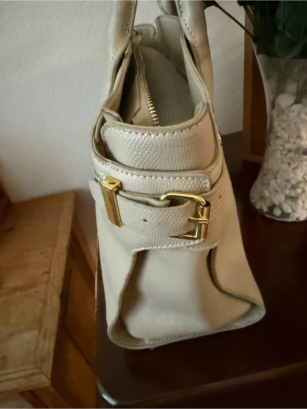 Joy Mangano Beige Textured Satchel with Gold Hardware